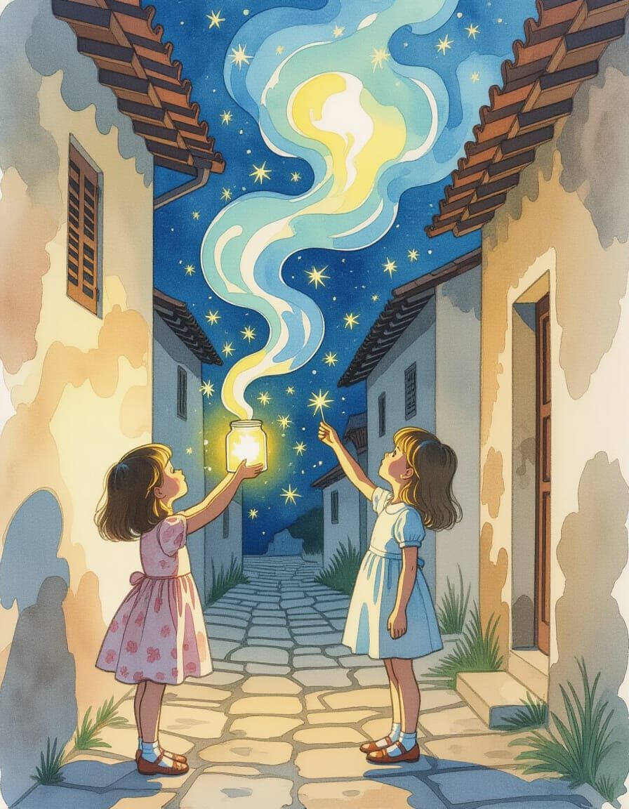 Girl Catches Fireflies in Surreal Watercolor
