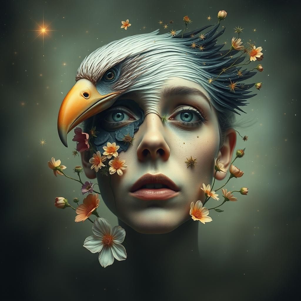 Surreal Cosmic Bird-Human Portrait with Stars