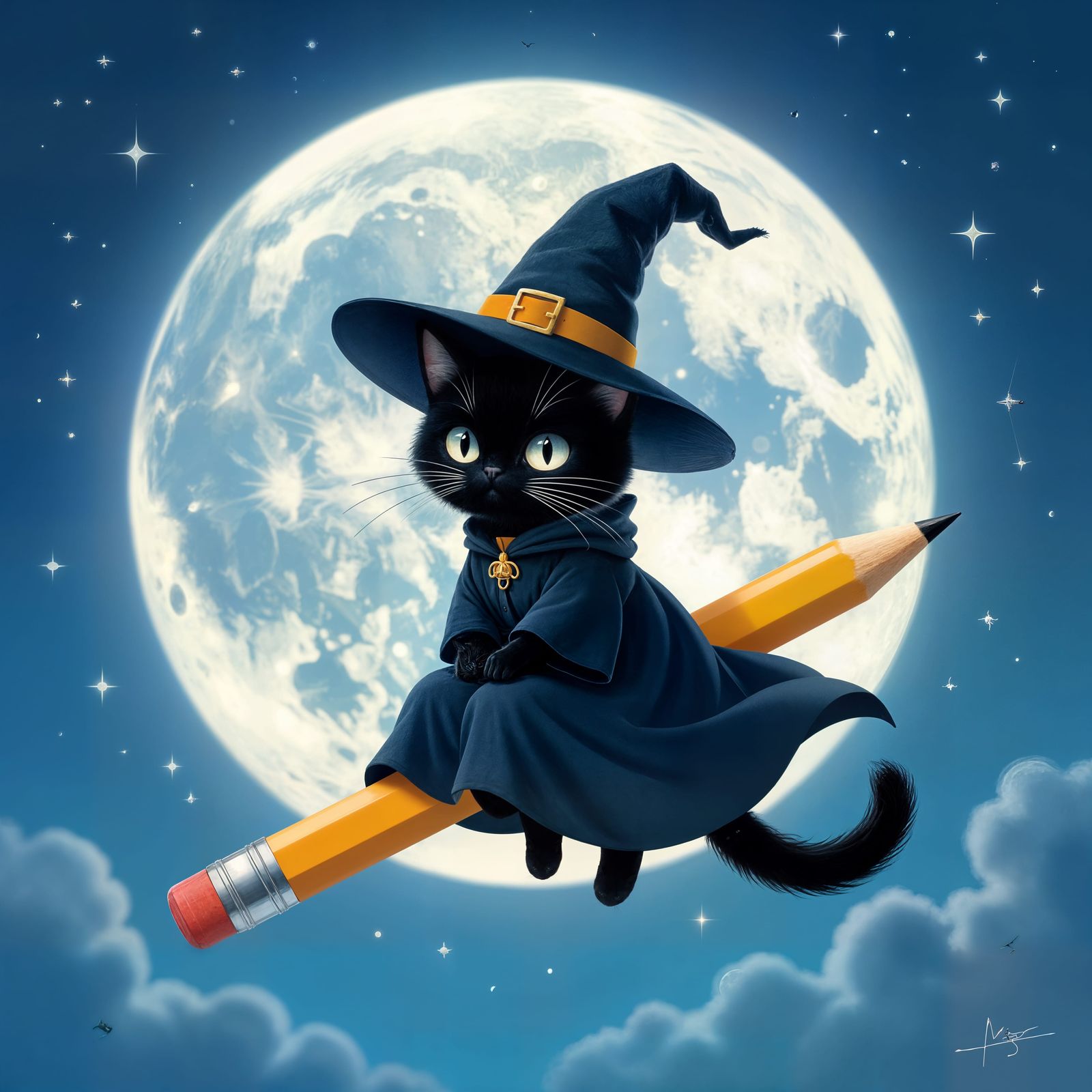 Witch Cat Rides Pencil Past Full Moon