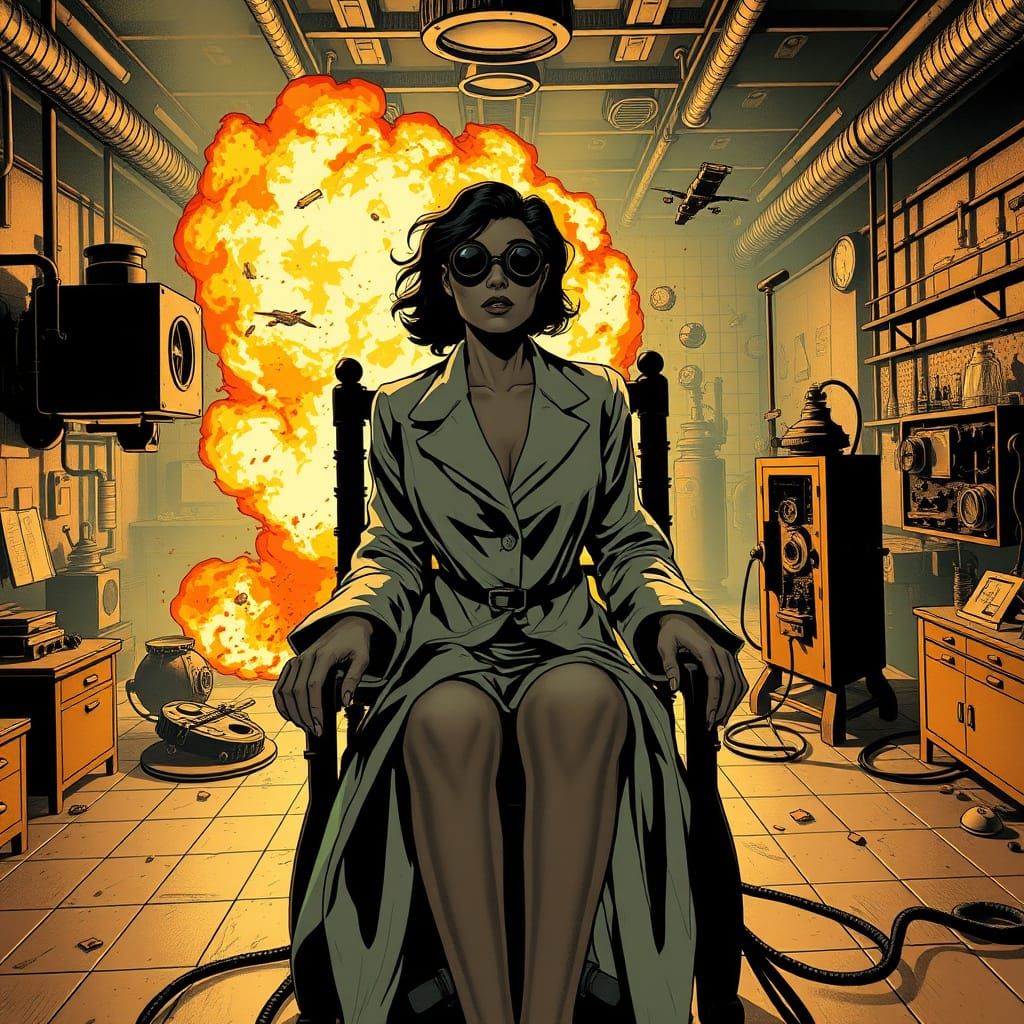 Dramatic Lab Explosion in 1940s Comic Book Style