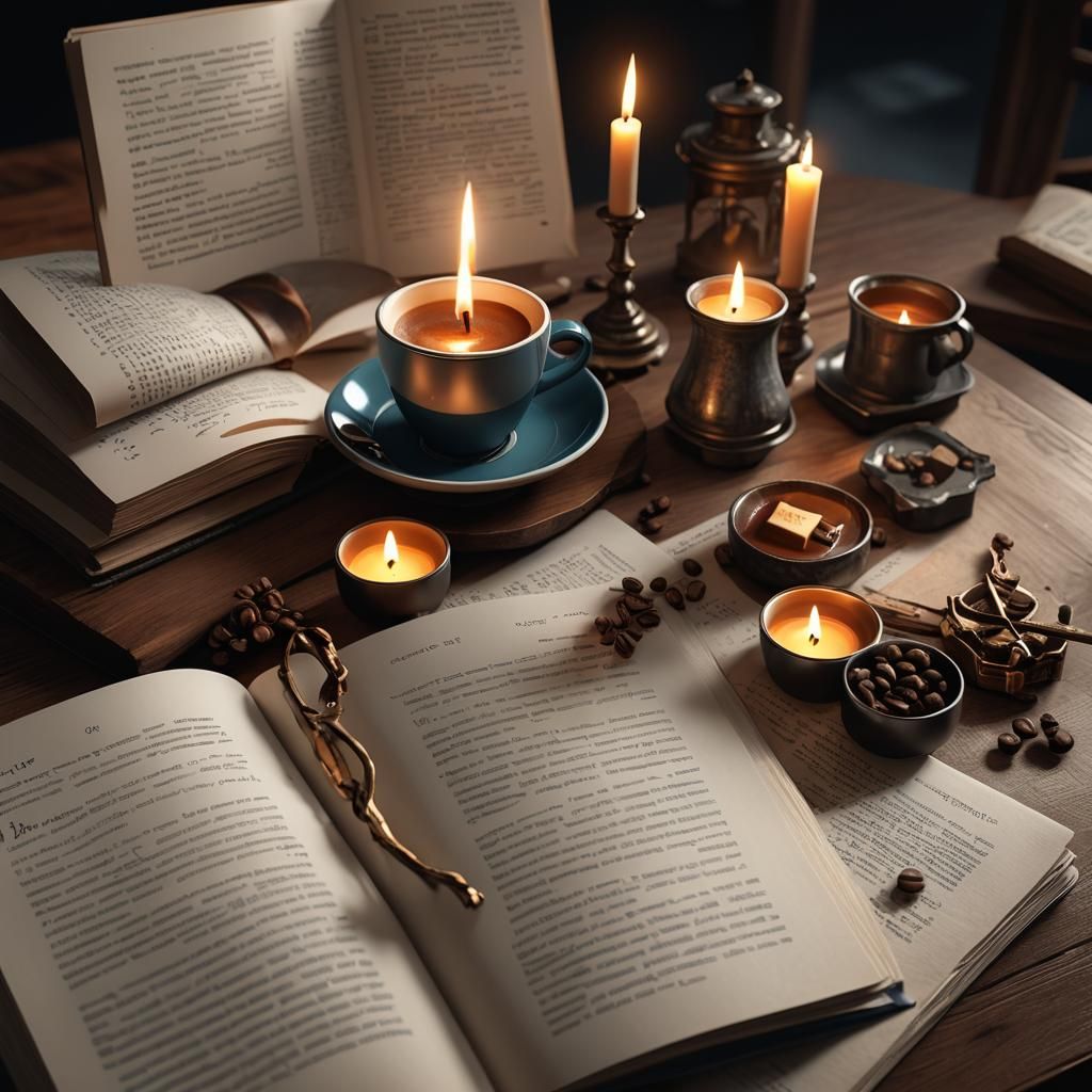 Coffee, Book, and Candle in 3D Cinematic Style