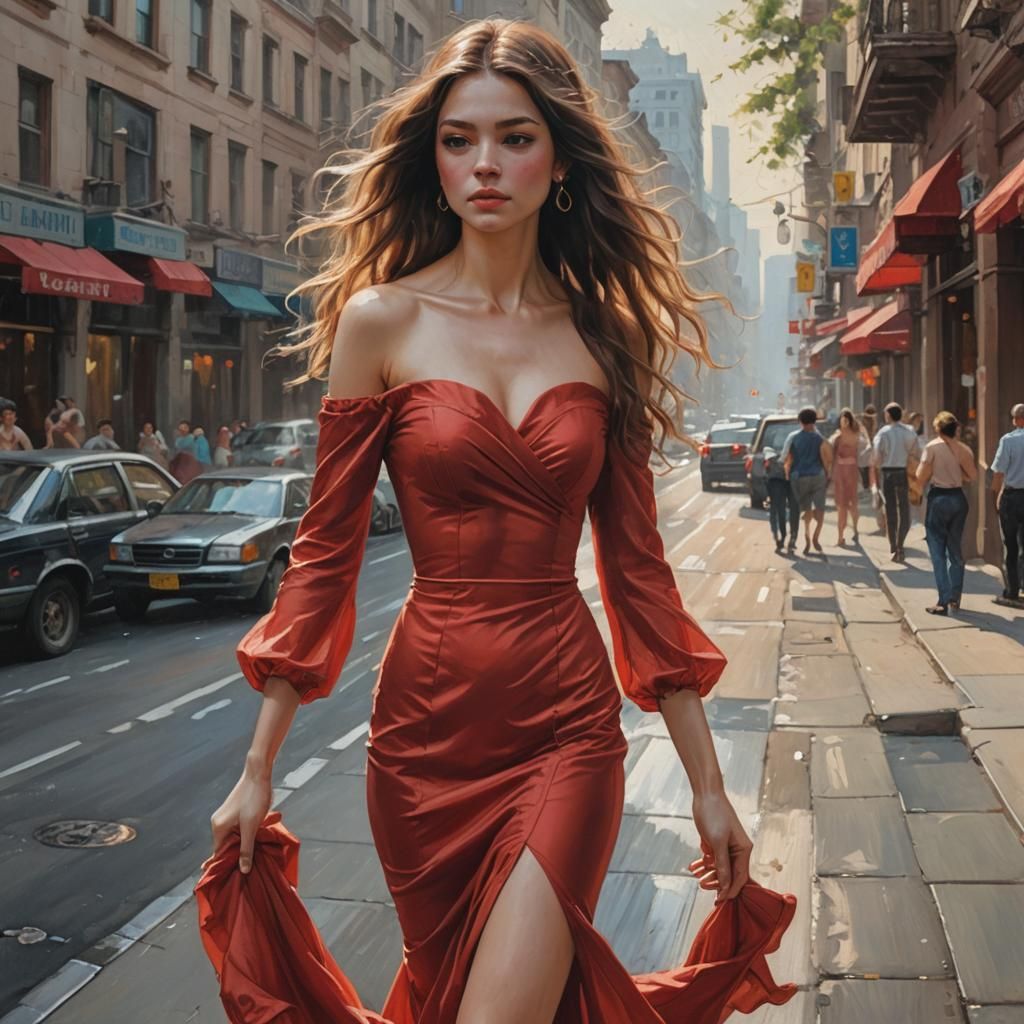 Woman in Red Silk Dress, Oil Painting Style