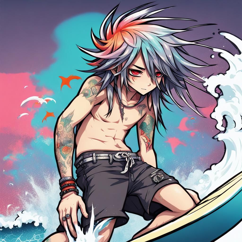 Emo Anime Cat-Boy Surfing with Tattoos