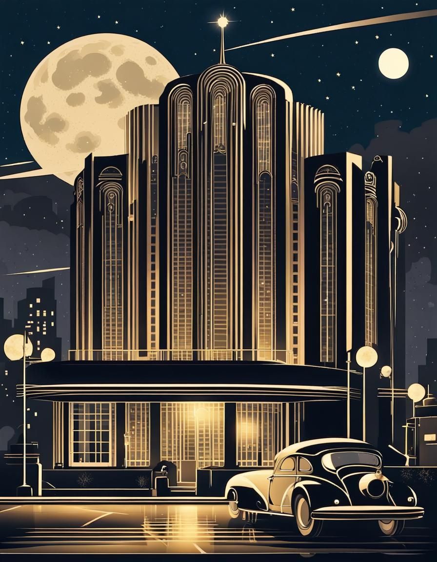 Metropolis under a Full Moon in an Art Deco Futuristic Lands...