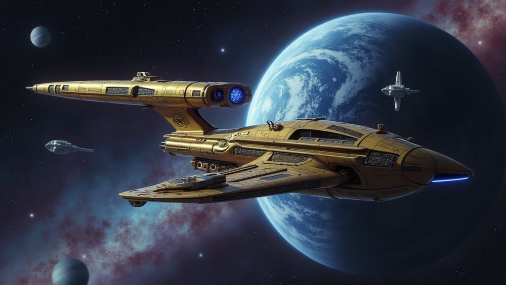 Cosmicpunk Starship with Medieval Futurism and Vibrant Backd...