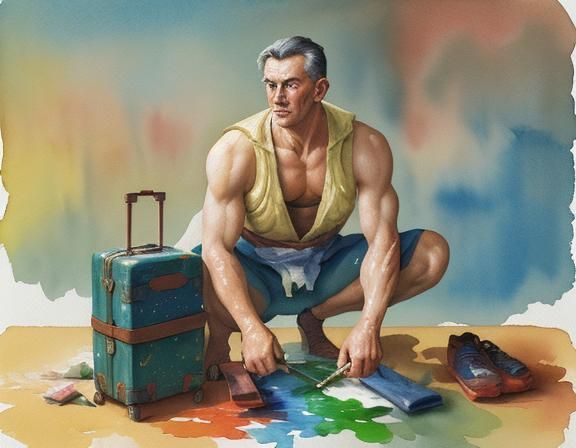 Man Packing Luggage as Gouache Watercolor Painting
