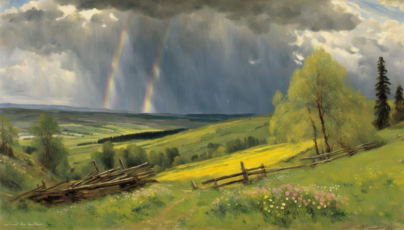 Spring Landscape with Rainbow and Clouds