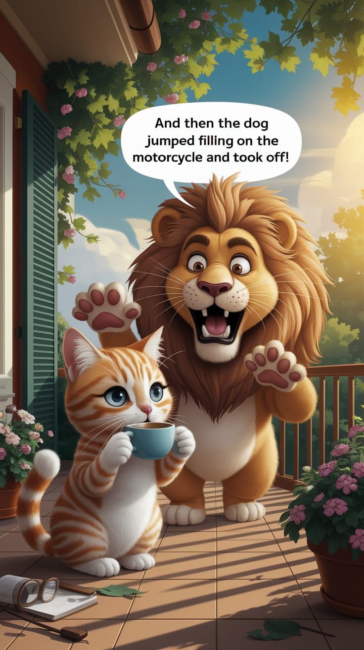 Peaceful Striped Cat Sips Coffee on Balcony, Suddenly Interr...