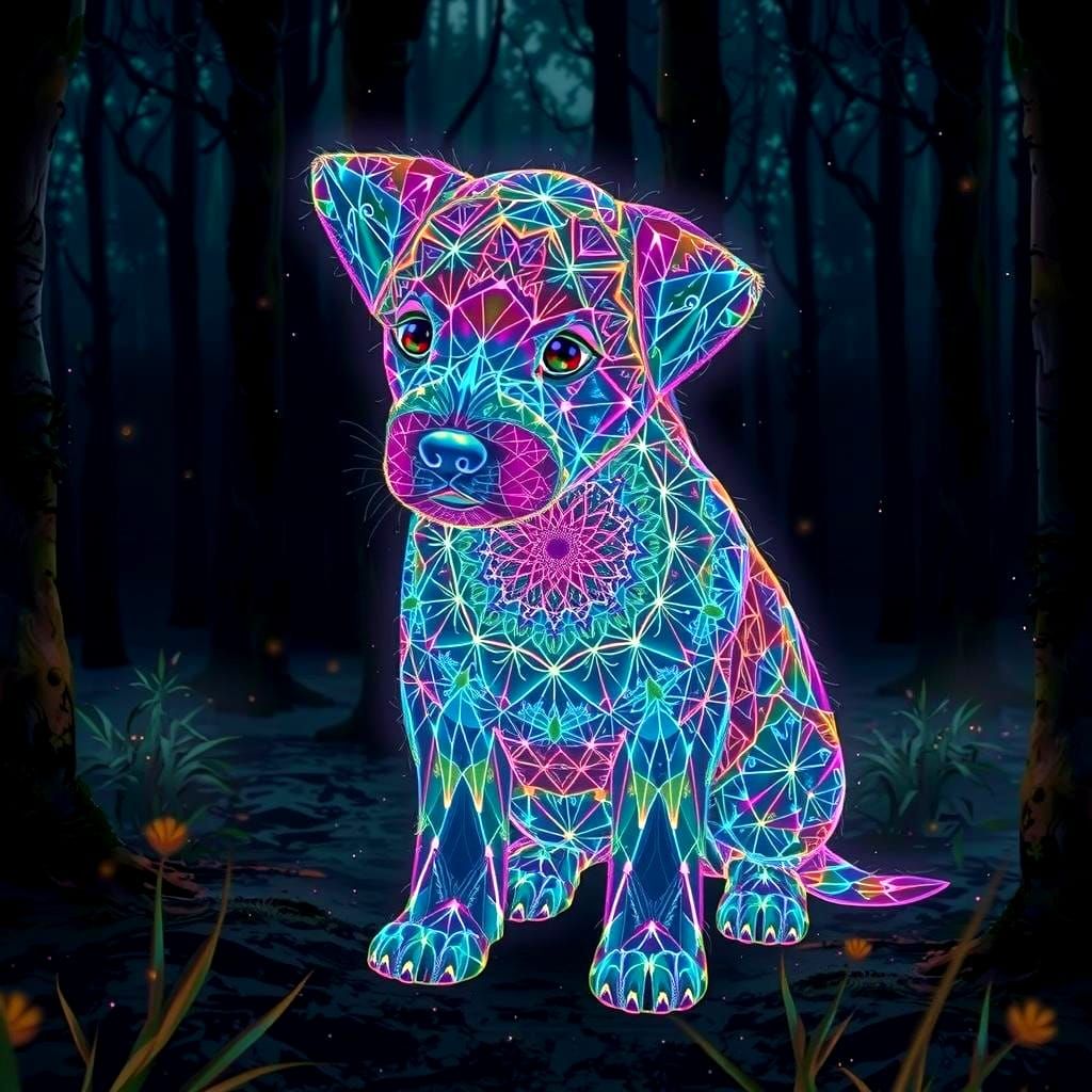 Iridescent String Puppy in Enchanted Forest