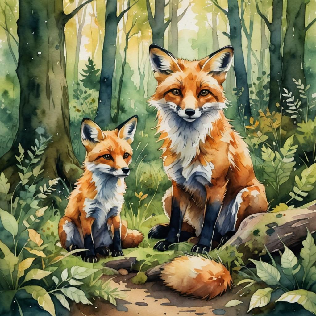 Fox and Cub in Forest Glade, Watercolor Painting