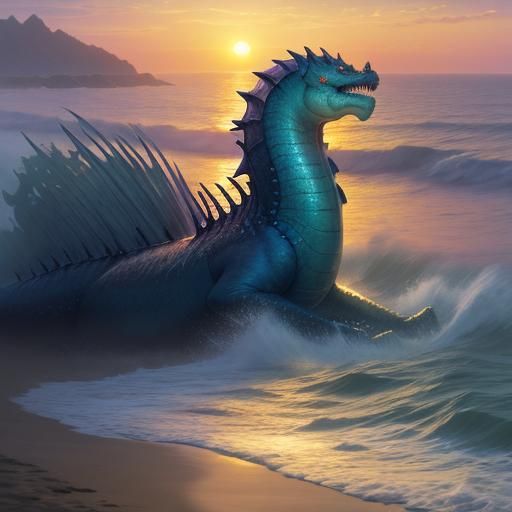 Ethereal Sea Monster at Sunset in Fantasy Style