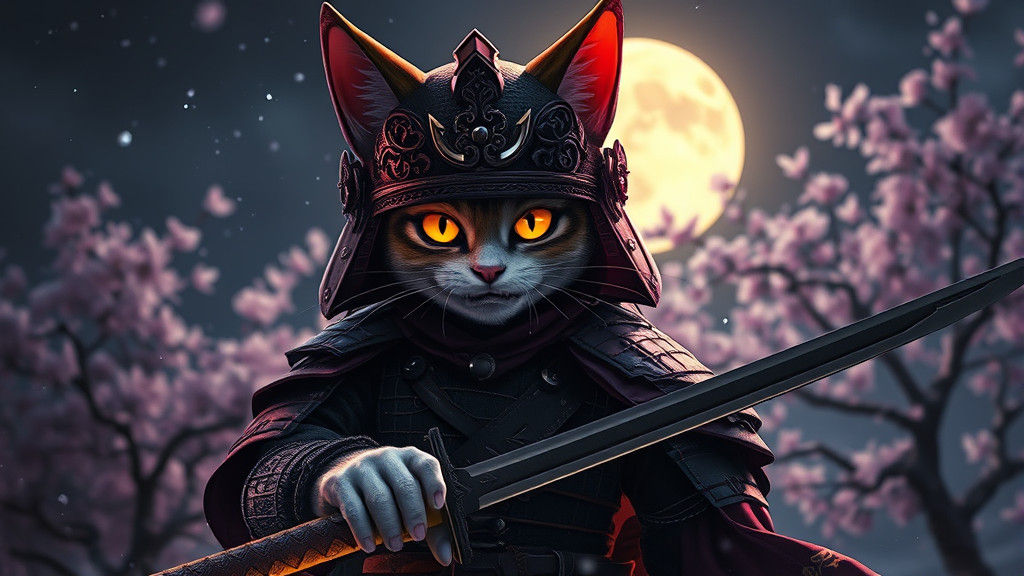 Armored Cat Samurai in Dark Fantasy Style