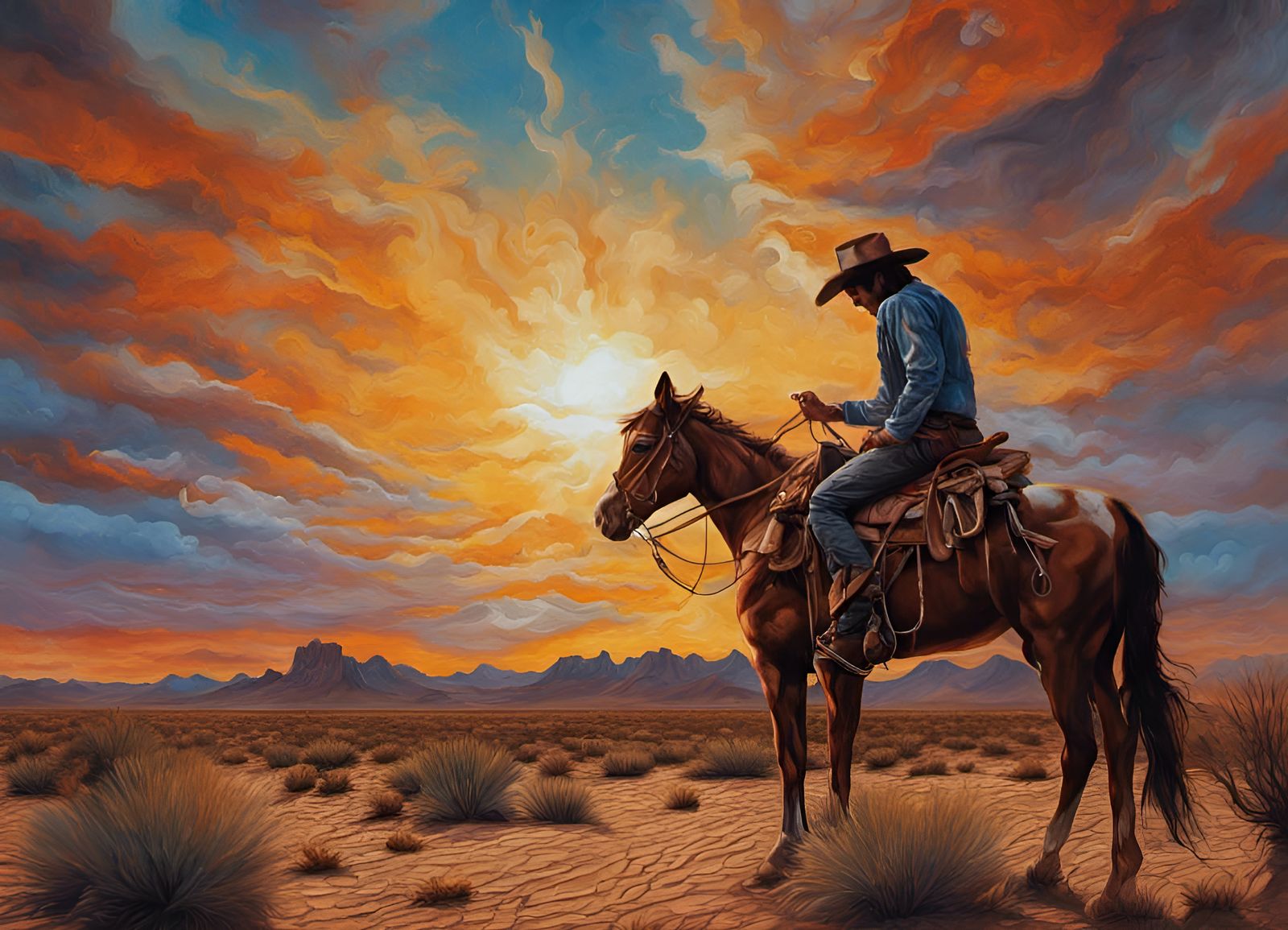 Cowboy at Desert Sunset: Hyperrealistic Graffiti Art