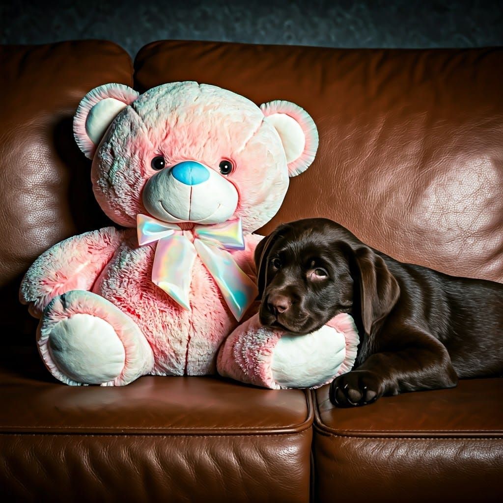 Tired Chocolate Lab Puppy with Teddy Bear