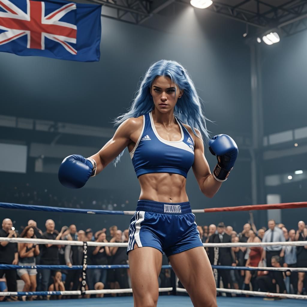 Blue-Haired Boxer with Scottish Flag in Ring