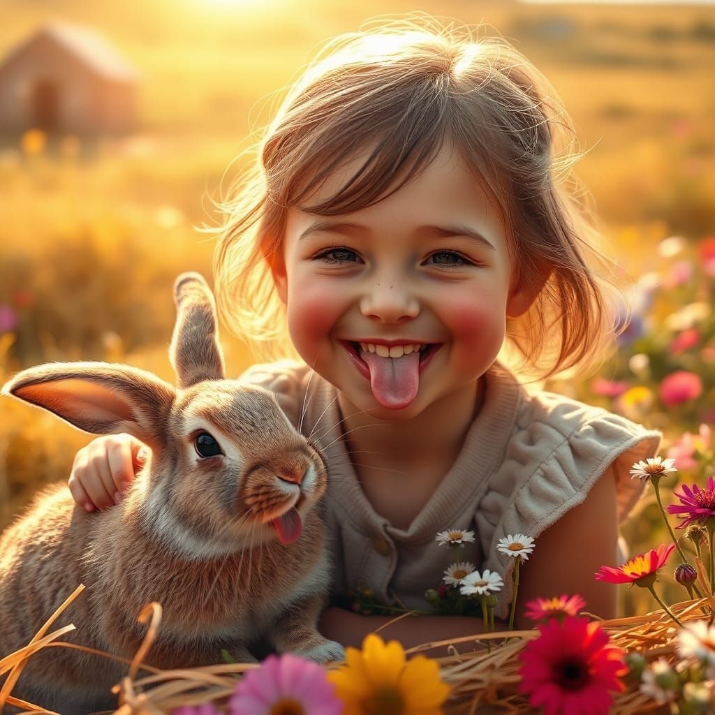 Girl Mimics Rabbit in Sun-Drenched Farm Scene
