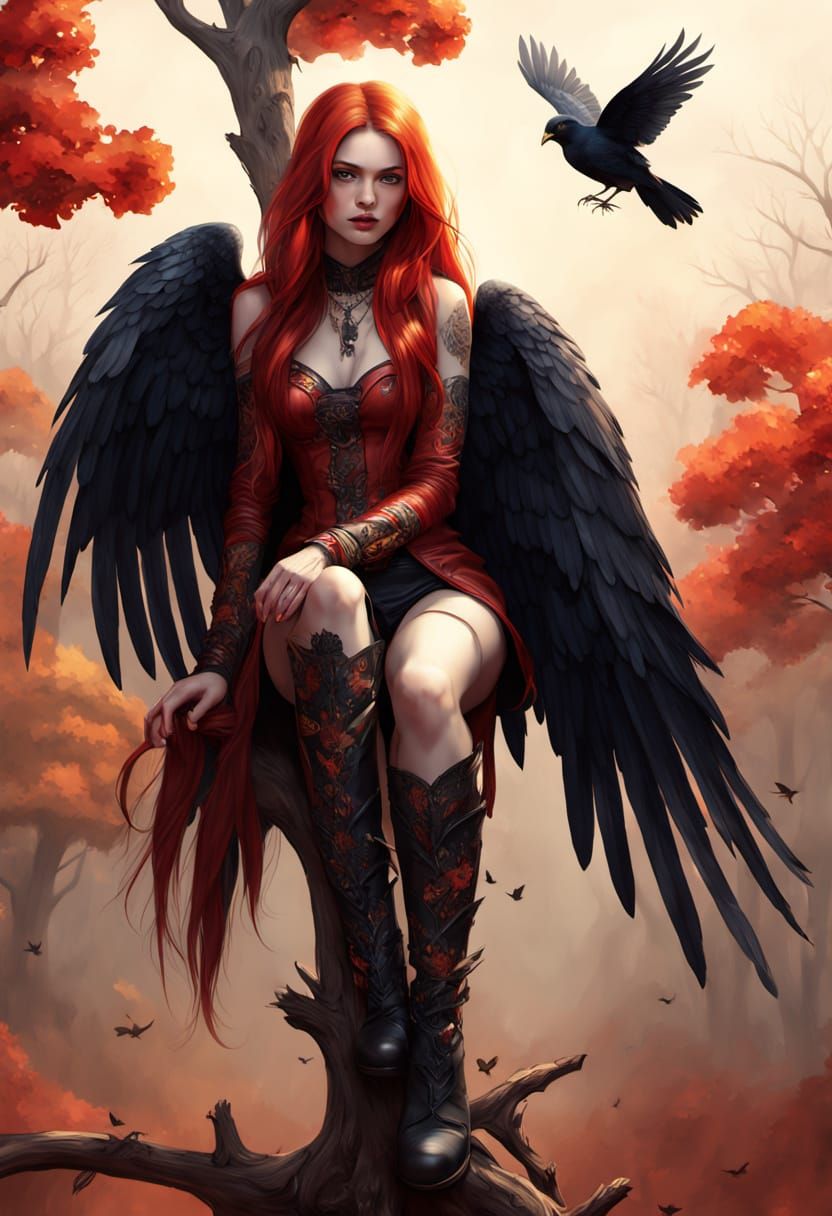 Red-Winged Woman on Dead Tree: Oil Painting