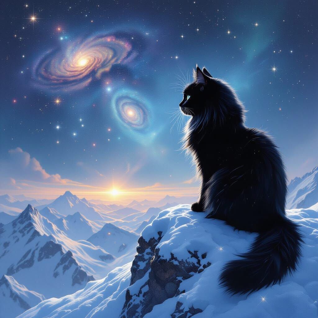 Black Cat on Snowy Peak Gazing at Nebula