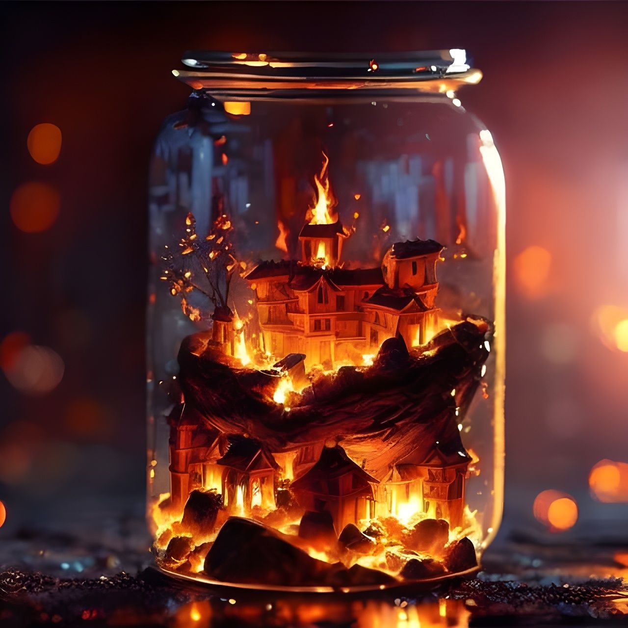 Fiery Miniature City in Glass Jar