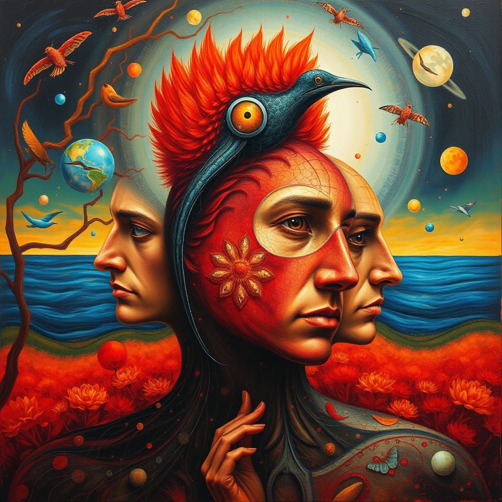 Whimsical Surrealist Scene in Vibrant Red Oil Painting