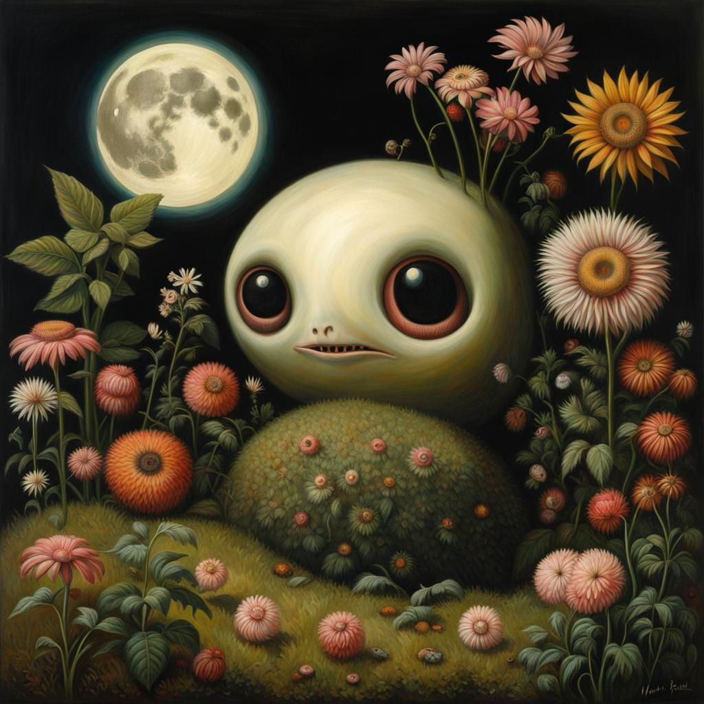 Surreal Moon Monster with Prehistoric Flowers