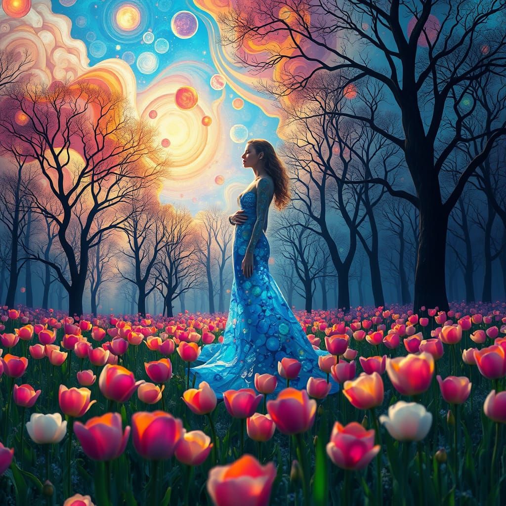 Iridescent Woman in Tulip Field: Art Nouveau Style