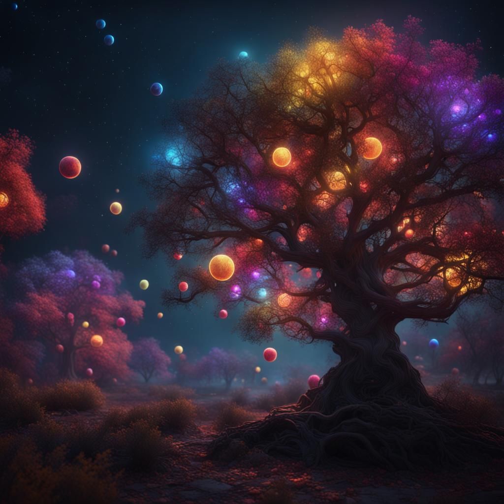 Colorful Tree in the Dark of Night in Matte Painting Style