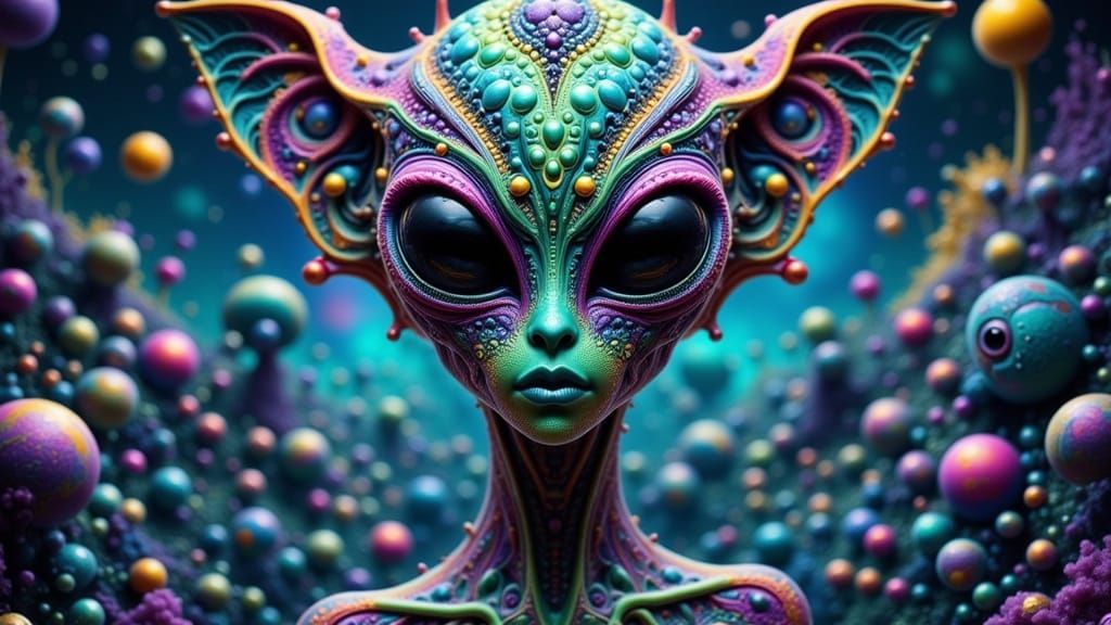 Pointillist Alien Portrait in Metallic Foil