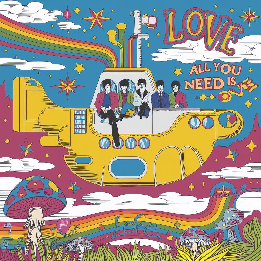 Psychedelic Yellow Submarine in Cosmic Sky with Beatles