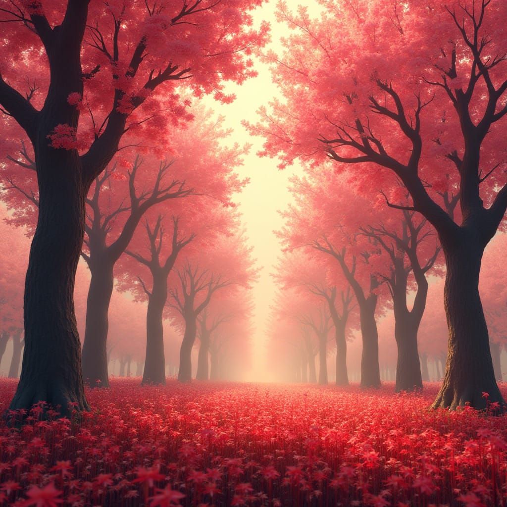 Serene Forest Glade with Crimson Cherry Blossom Trees and Re...