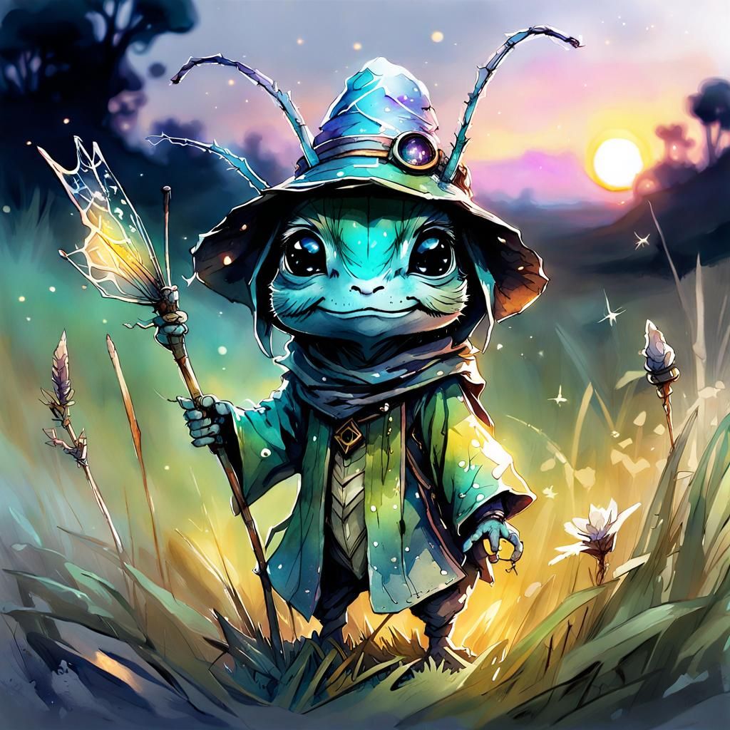 Chibi Grasshopper Wizard in Watercolor Art