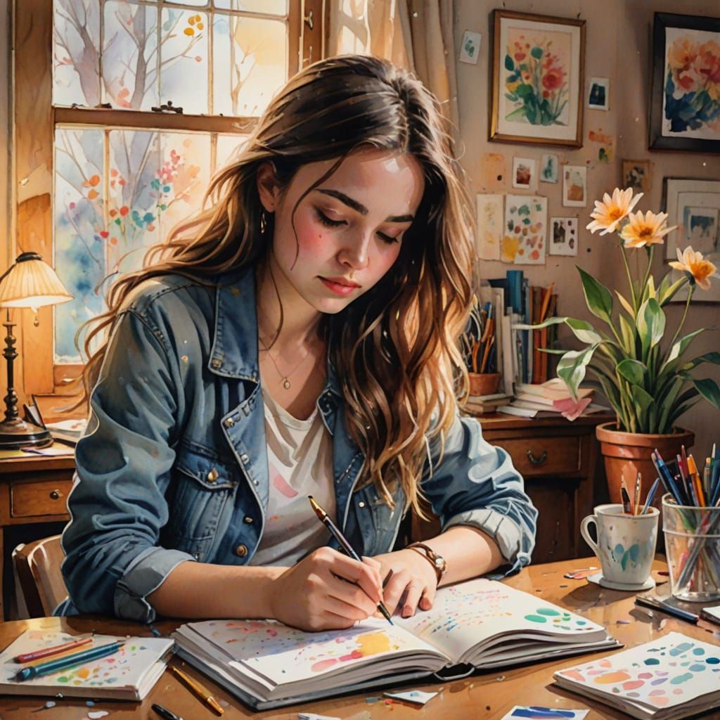 Cozy Watercolor Portrait of a Creative Teenage Girl