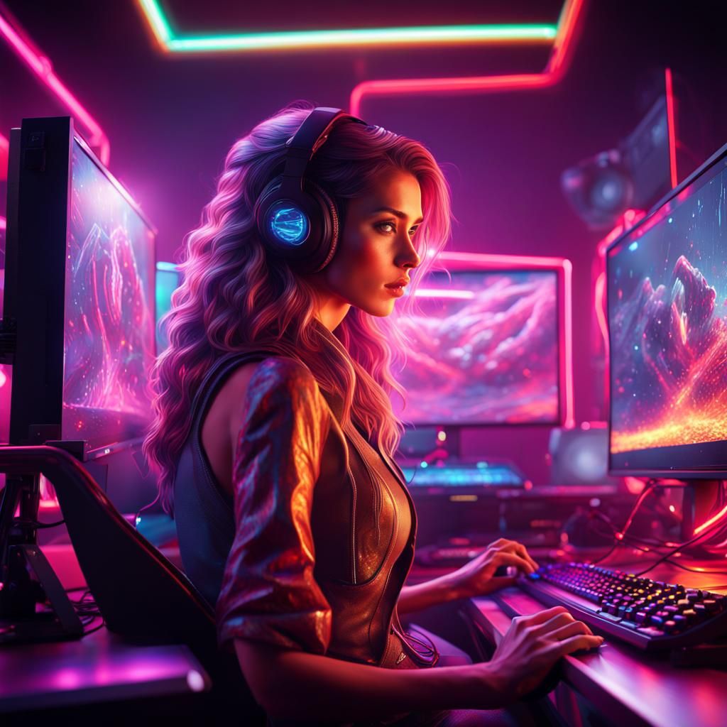 Epic Gamer Woman Surrounded by Gaming PCs