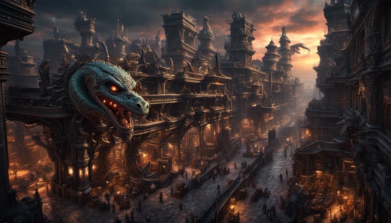 Steampunk Feathered Serpent Cityscape in Dark Fantasy Style