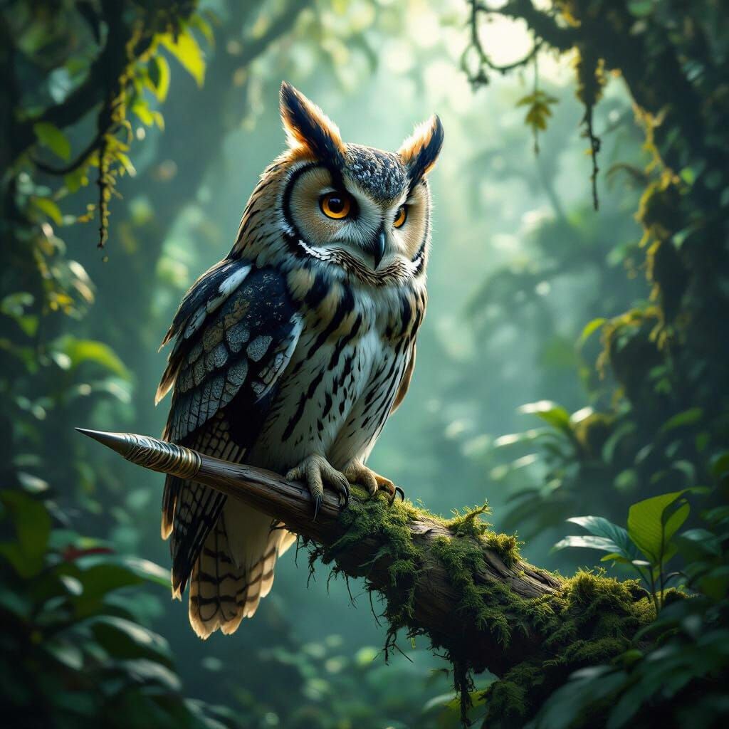Ancient Owl on Quill Surveys Alien Jungle in Cinematic Light...