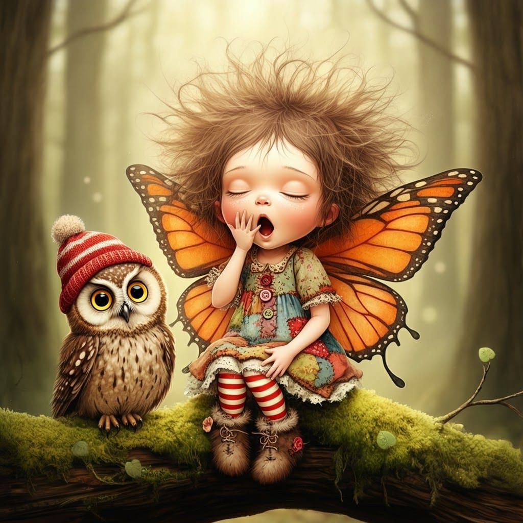 Sleepy Fairy and Owl in Enchanted Forest