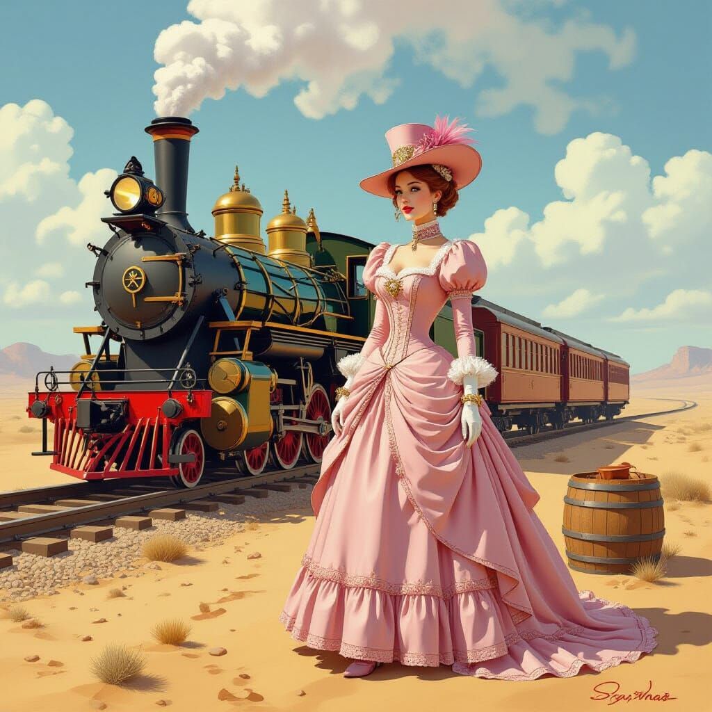 Elegant Steampunk Princess in Desert Awaits Rescue