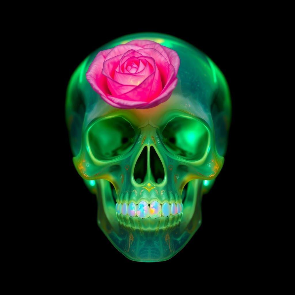 Withered Rose Opal Skull X-Ray with Emerald and Black Tar
