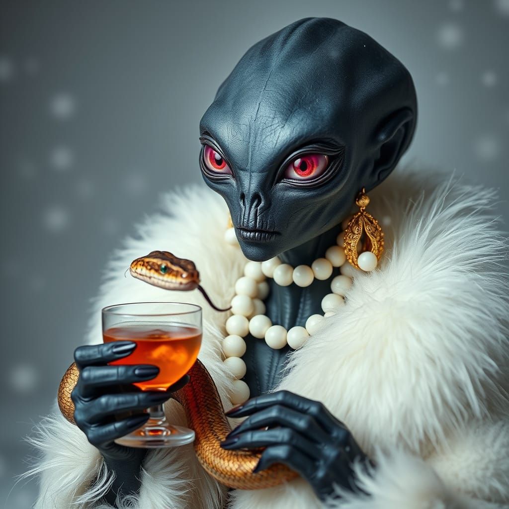 Alien in Fur Coat with Cocktail, Hyperrealistic Style