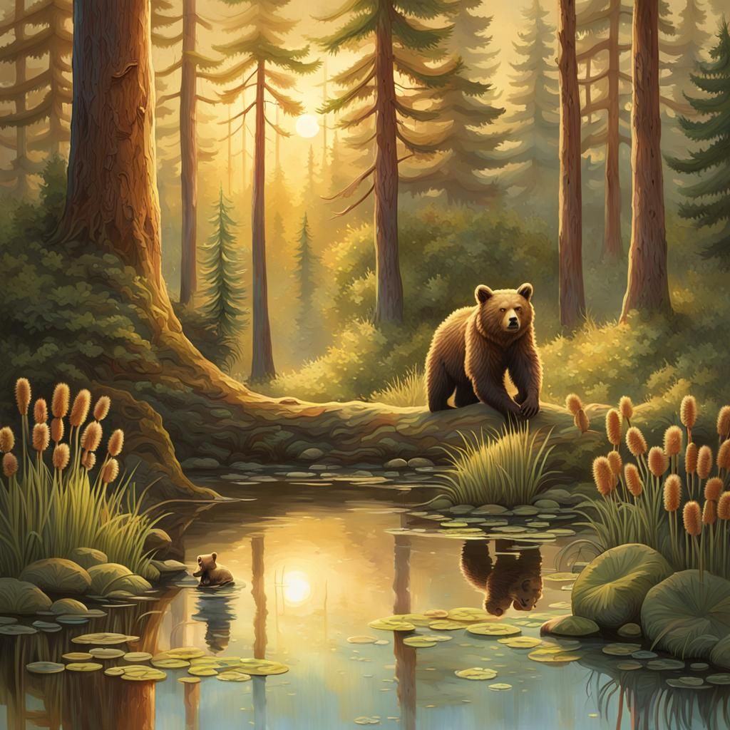 Pine Forest Scene with Bear Cubs in Fantasy Art