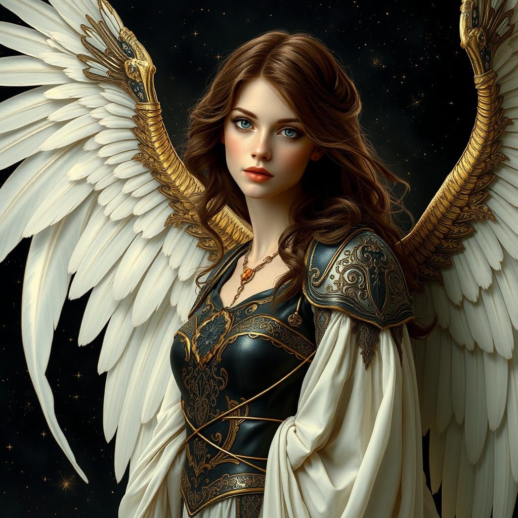 Ethereal Pre Raphaelite Angel in Black Gold Armour with Maje...