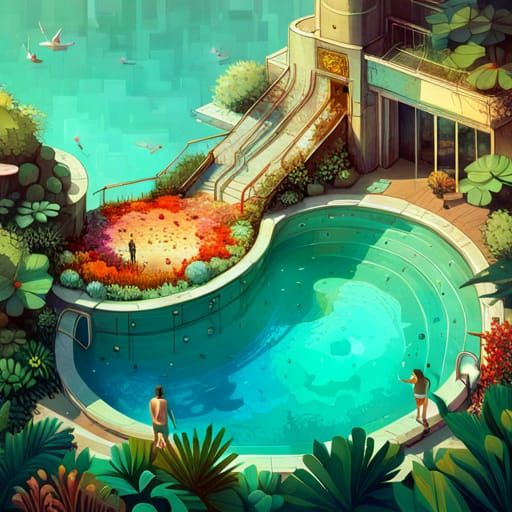 Post-Apocalyptic Brutalist Pool in Surrealist Style