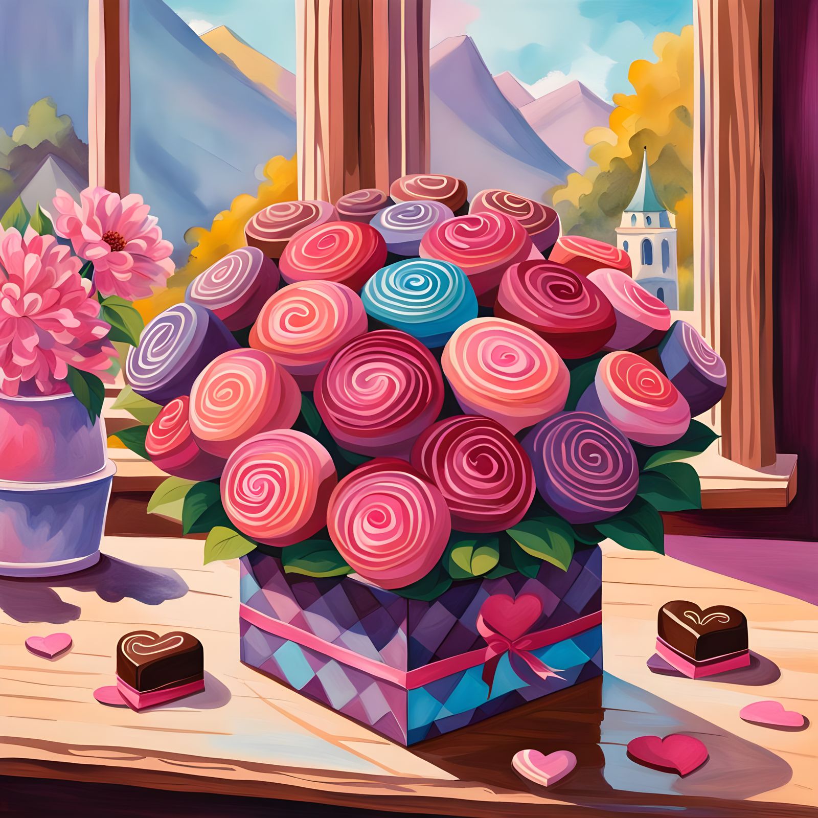 Heart Chocolates and Pink Bouquet in Gouache Style