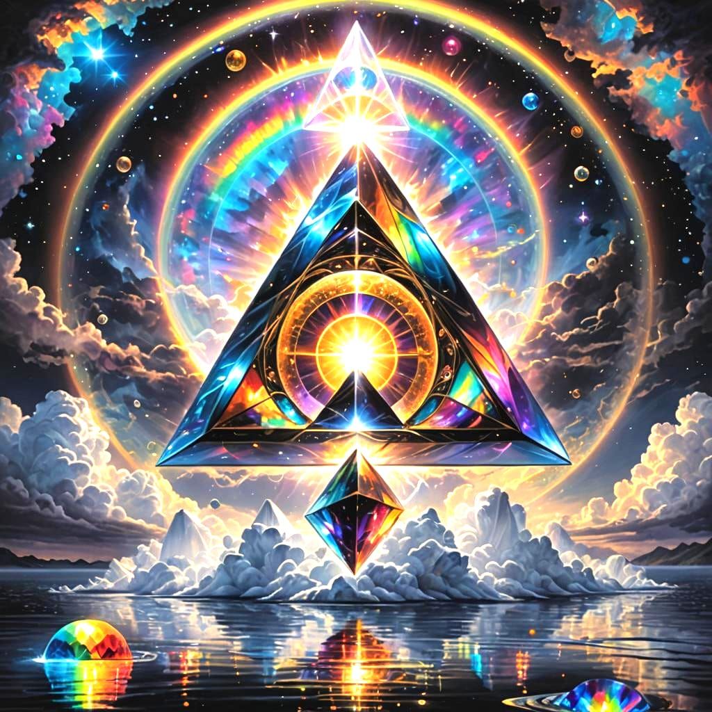 Iridescent Tetrahedron Lounging on Cloud in Digital Art