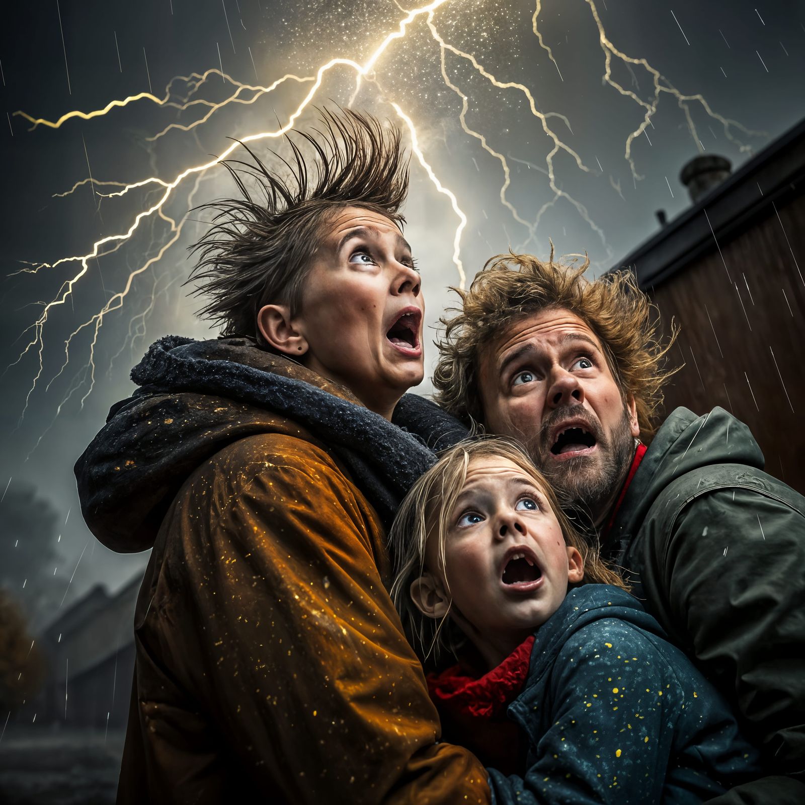 Family in Turbulent Storm Illuminated by Lightning