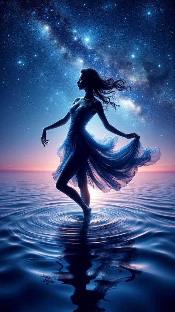 Elegant Dancer on Ocean Surface Under Starlit Sky