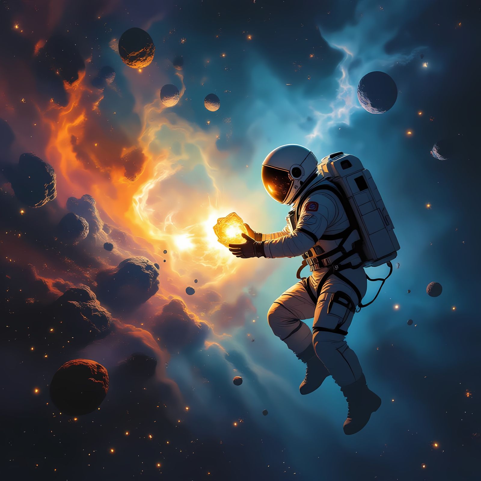 Astronaut Adrift in Cosmic Nebula with Ancient Artifact