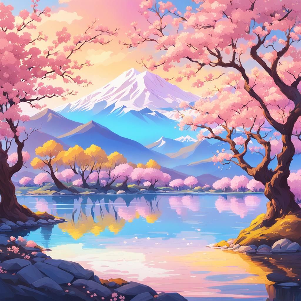 Cherry Blossoms and Snow Mountains: Fantasy Concept Art