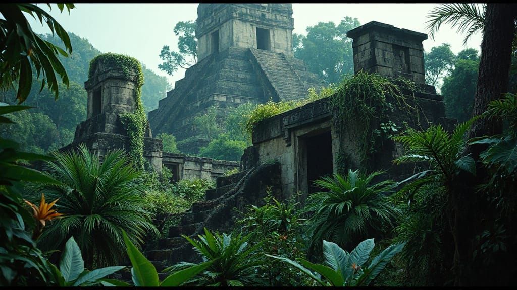 Mayan Temple Ruins in Dense Jungle Landscape
