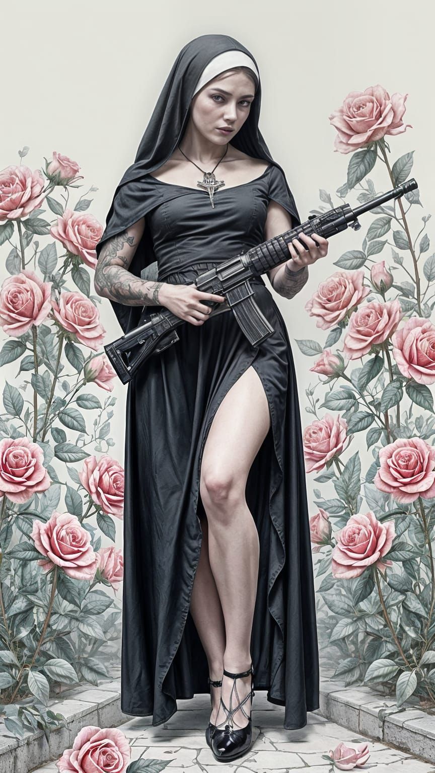 Gothic Nun with AK-47 in Surreal Rose Garden